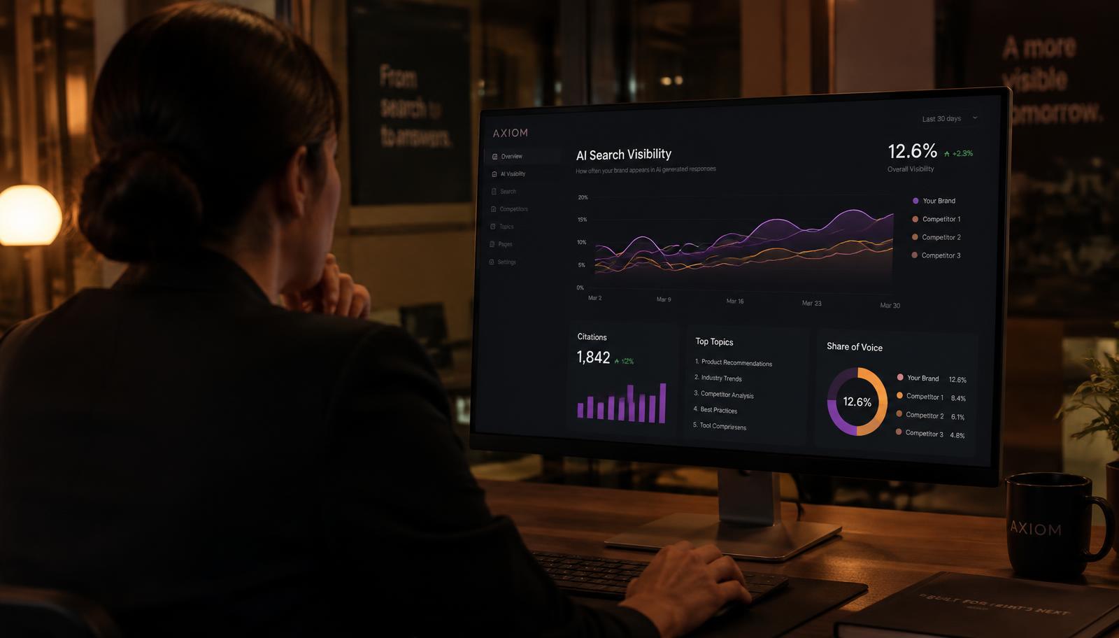 Agency team member reviewing a white-label AI search visibility dashboard on her desktop